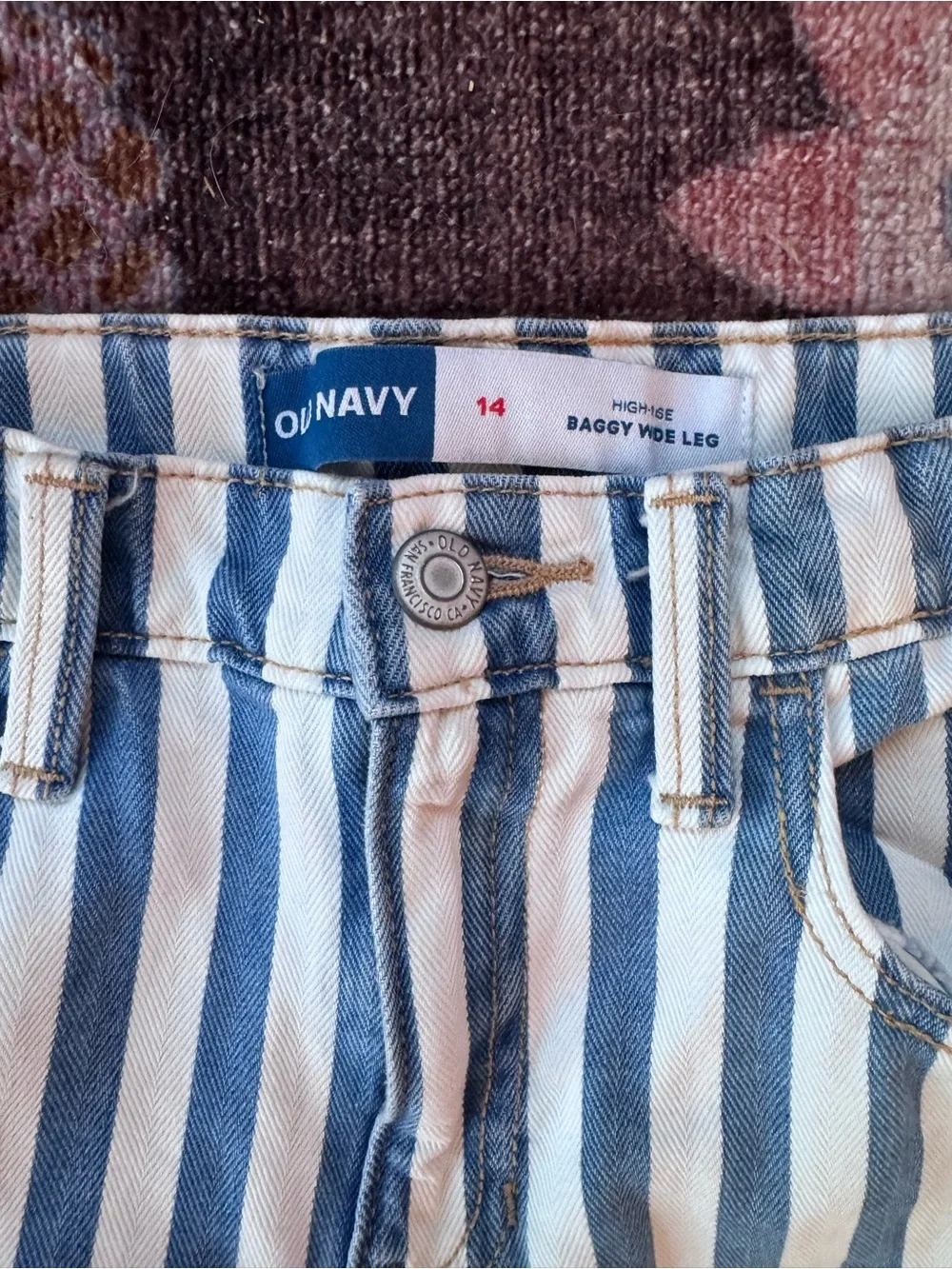 Old Navy Girl’s lStriped Blue and White Jeans High-Rise Baggy Wide Leg - 14